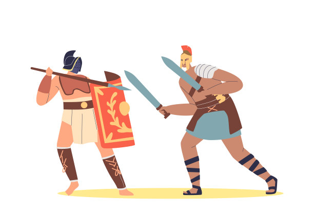 角斗士与野蛮人在竞技场搏斗。古罗马披甲的斯巴达战士和沼泽战士图片下载