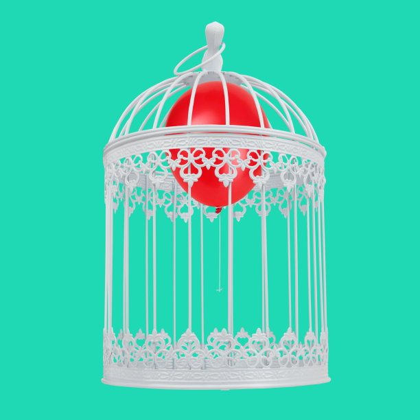 红色的气球关在白色的笼子里。禁飞创意理念理念。飞行限制符号照片图片下载