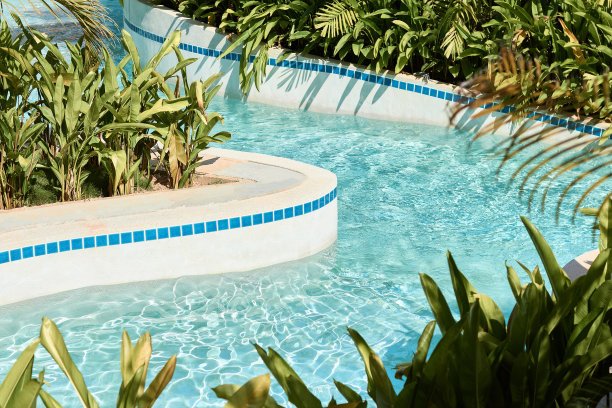 游泳池里美丽的绿松石水被热带植物环绕。有趣的暑假概念图片下载