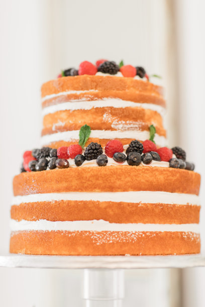 新鲜浆果裸婚礼蛋糕在甜点酒吧在一个别致的中性，浪漫的乡村现代风格的婚礼招待Decor在田纳西州的春天婚礼图片下载