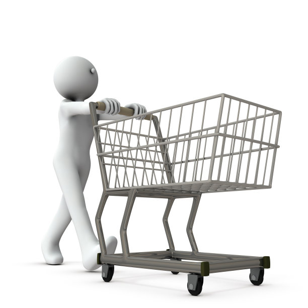 推着空购物车的顾客。购物和储备。孤立的白色背景。3 d渲染。图片下载