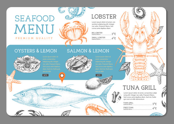 海鲜餐厅菜单设计用手绘鱼。矢量图图片下载