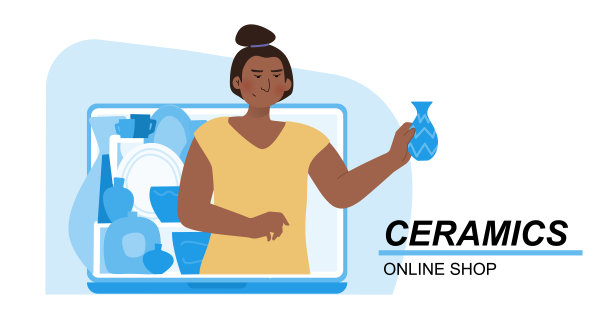 陶器店矢量插图的概念。陶艺家开着笔记本电脑，手里拿着花瓶。网上小生意。模板网站横幅，广告活动图片下载