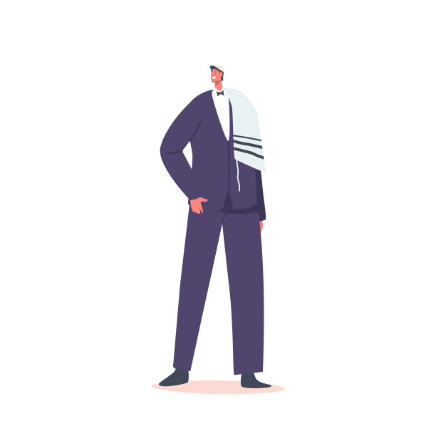 犹太新郎穿着蓝色西装，戴着基帕帽，被孤立在白色背景中。新婚男性品格婚礼仪式图片下载