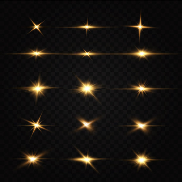 闪亮的金色星星。灯光效果，眩光，闪光，爆炸，金光。矢量插图。明亮的闪光。图片下载