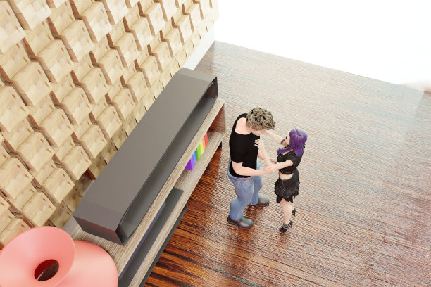 男人在房子的餐厅里看着窗边恋爱的白种另类女子，感受着爱情和温柔的新婚夫妇图片下载