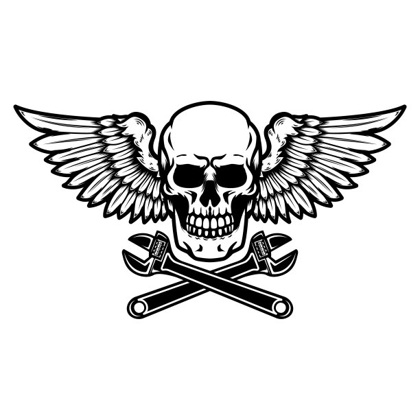 带翅膀的头骨和交叉的扳手。设计元素为徽章，标志，徽章。矢量图图片下载