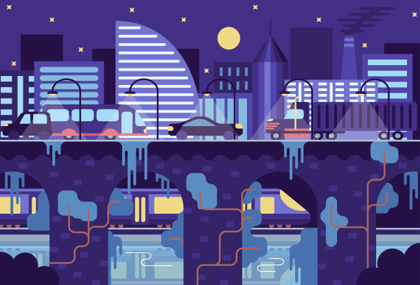 高速公路、公路夜景、城市街道、现代摩天大楼、火车、铁路、单轨和高速公路——城市的城市景观背景图片下载