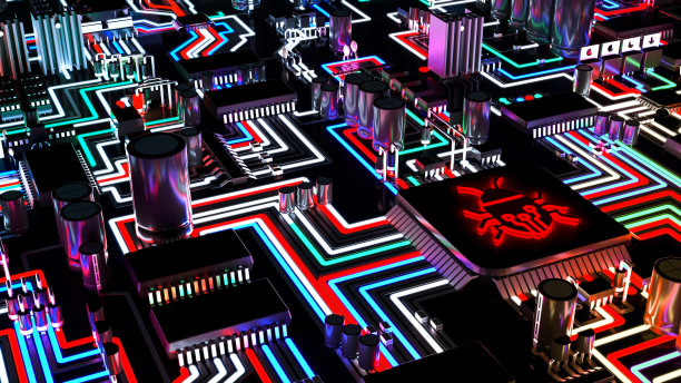 带有Bug图标的发光电路板的高角度视图图片下载