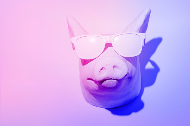 粉色小猪戴着白色太阳镜。假日、旅游、夏季、乐趣、日光浴、旅行，顶部视角。图片下载