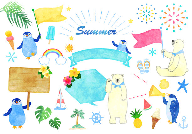 手画水彩夏天插图框架集-白熊和企鹅图片下载