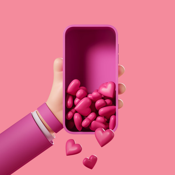 卡通手拿着手机，心在坠落，爱情在社交媒体图片下载