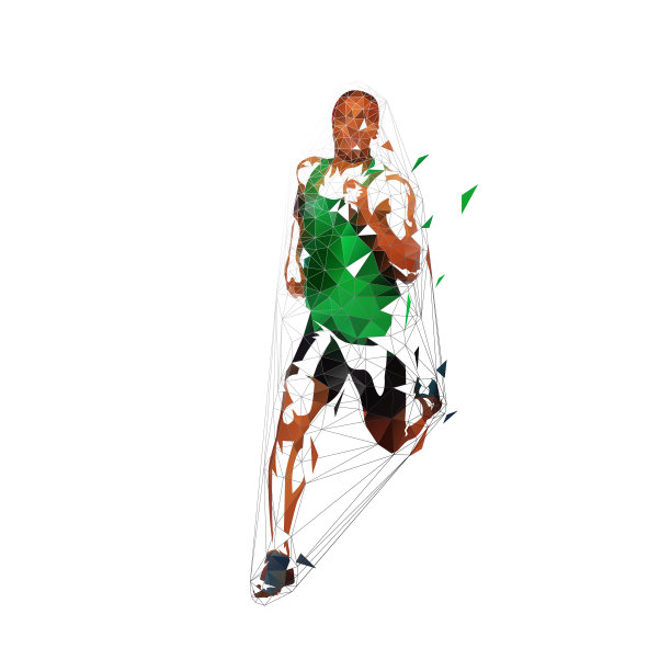 跑步的人，低多边形矢量插图。抽象几何runner在绿色衬衫，前视图图片下载