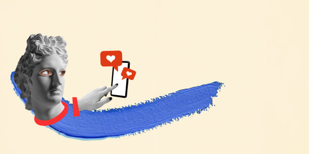 当代艺术拼贴。古董雕像半身像看着充满社交媒体图标的手机屏幕图片下载