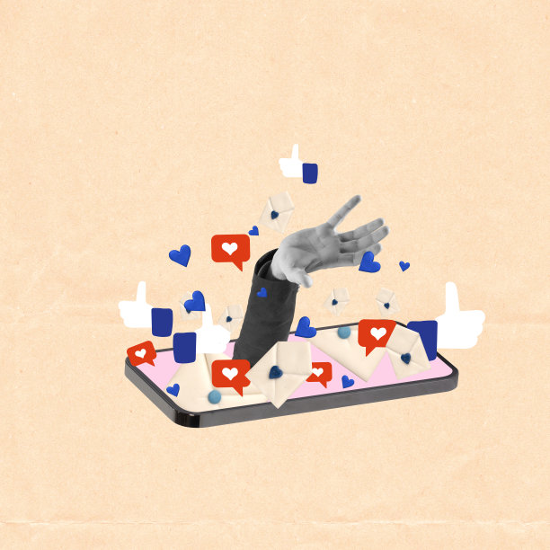 当代艺术拼贴。男性手跳入手机屏幕周围的许多社交媒体图标。社交媒体成瘾的概念图片下载