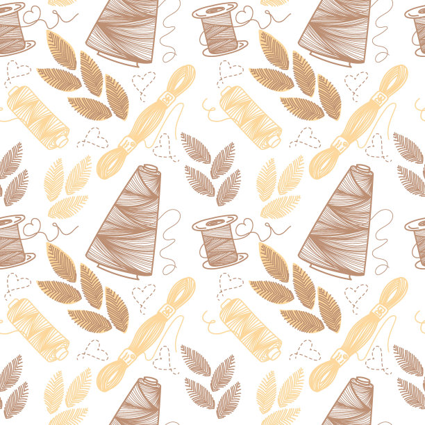 线和刺绣的无缝图案，手绘素描风格的涂鸦元素。缝纫线。刺绣的树叶。缝纫。刺绣。线程。手工制作的。向量的简单说明。图片下载