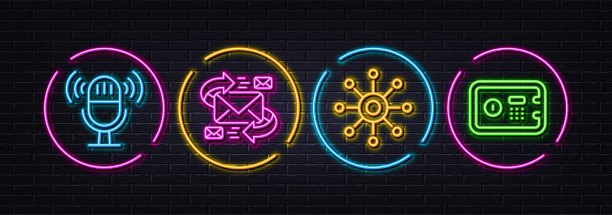 麦克风，多通道和电子邮件最小行图标。对于web应用程序，打印。氖激光3d灯。向量图片下载