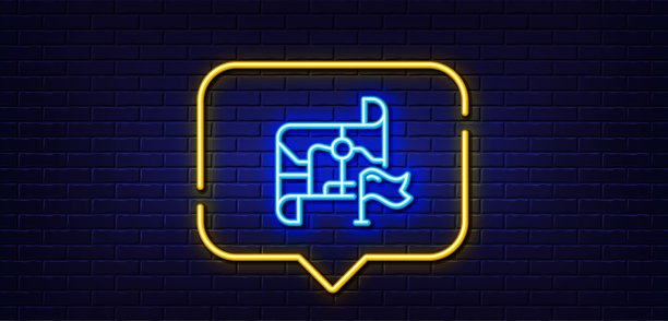 地图线图标上的标志。目标目的地的迹象。霓虹灯语音泡泡。向量图片下载