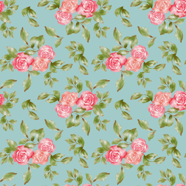 无缝图案与玫瑰花和树叶。花卉背景与玫瑰。花是手绘的。墙纸，纺织品和文具的插图。图片下载