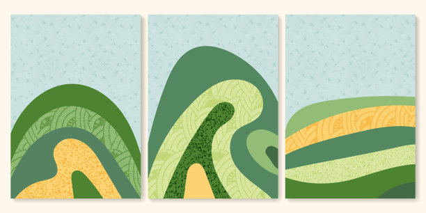 摘要绿田或波浪生态农场背景。带有潦草纹理的自然景观矢量插图。山川丘陵，有机种植园，唯美乡村海报设计。生态小册子图片下载