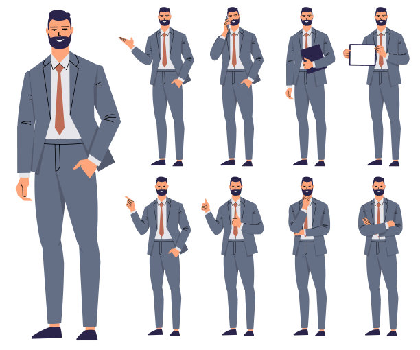 一群商人在不同的姿势和手势。西装革履，满脸胡须的年轻人。办公室职员，领导，被隔离在白色背景下。电话交谈，演示，表演。图片下载
