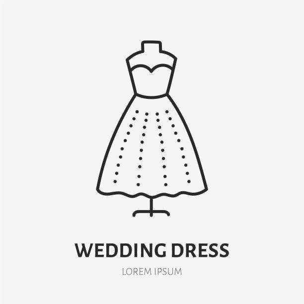 婚纱涂鸦线条图标。矢量薄轮廓的新娘礼服插图。黑色线性标志为时尚。图片下载