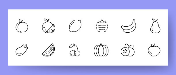 水果图标。橘子，桃子，柠檬，苹果，香蕉，梨，西瓜，樱桃，南瓜，覆盆子，草莓。矢量线图标的业务和广告图片下载
