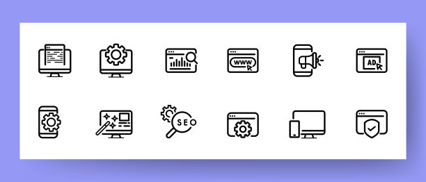 网站设置图标。文件，电脑设置，搜索，互联网，分享，广告，应用程序，seo，成功等。网络的概念。矢量线图标的业务和广告图片下载