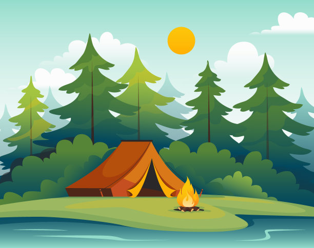 探险旅行。篝火和帐篷在自然的森林里。户外的家庭冒险。河岸上的露营圆顶和篝火全景。林地景观。向量徒步旅游素材图片