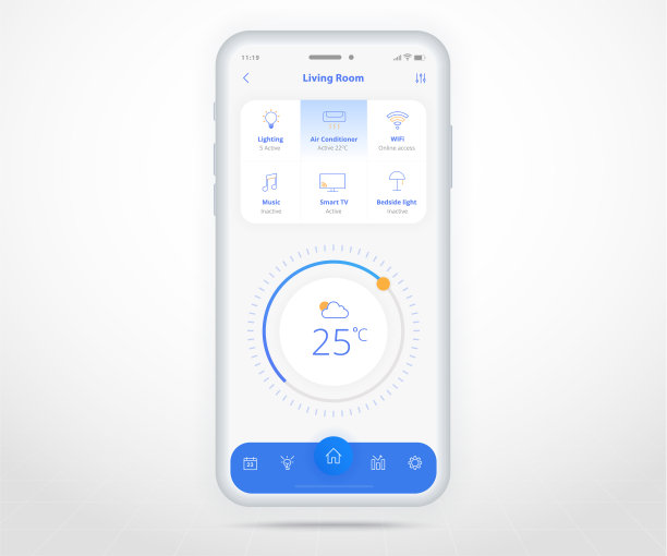 智能手机智能家居控制app UX UI，物联网物联网技术，数字未来家居自动化技术，智能设备应用手机，Wifi闭路电视照明加热空气，矢量插画图片下载