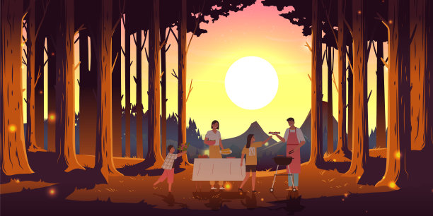 家庭烧烤野餐庆祝森林山脉日落图片下载