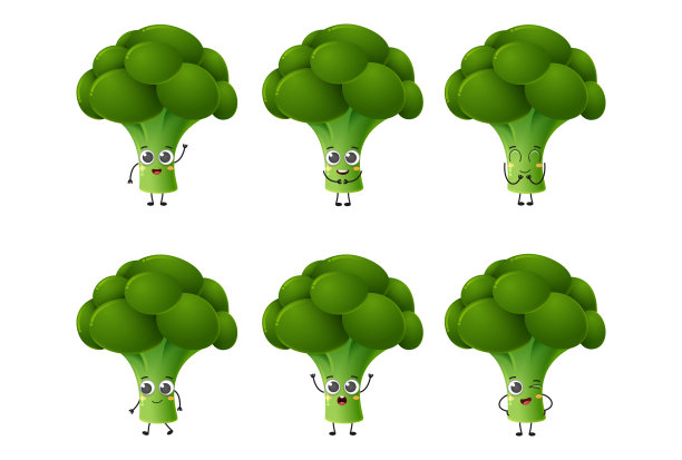 一套可爱的卡通花椰菜蔬菜向量字符集孤立在白色背景图片下载