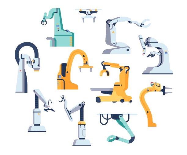 机器人手臂。机械操纵国。机械设备。制造输送机机器。自动装配和包装。工业生产机械。矢量电子手图片下载