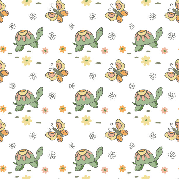乌龟、蝴蝶无缝图案。手绘简单图形，雏菊花。可爱的婴儿幼儿园卡通设计。白色容易编辑的颜色背景。向量图片下载