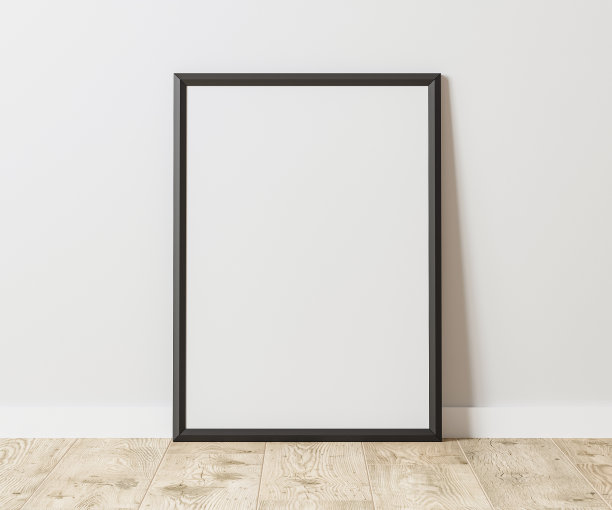 空白垂直黑色框架，木地板与白墙，3:4比例，30x40厘米，18x24英寸，海报框架模型，3d渲染图片下载