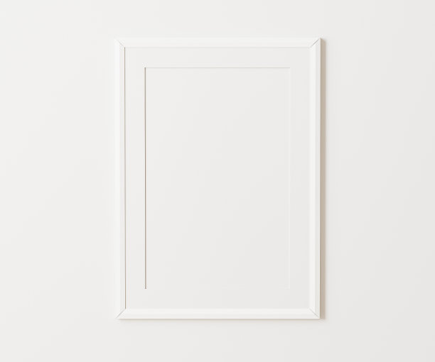 白色肖像框架与垫子模型在白墙上，3:4的比例，30x40厘米，18x24”。空的海报框架模拟，。三维渲染图片下载