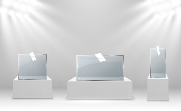 玻璃陈列柜为展览的立方体形式。用聚光灯照亮的出售背景。博物馆玻璃箱隔断广告或精品商业设计。展览大厅。图片下载