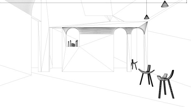 蓝图项目草案，经典混凝土室内空间，大堂，大厅，客厅，休息室，吊灯和扶手椅的几何结构设计图片下载
