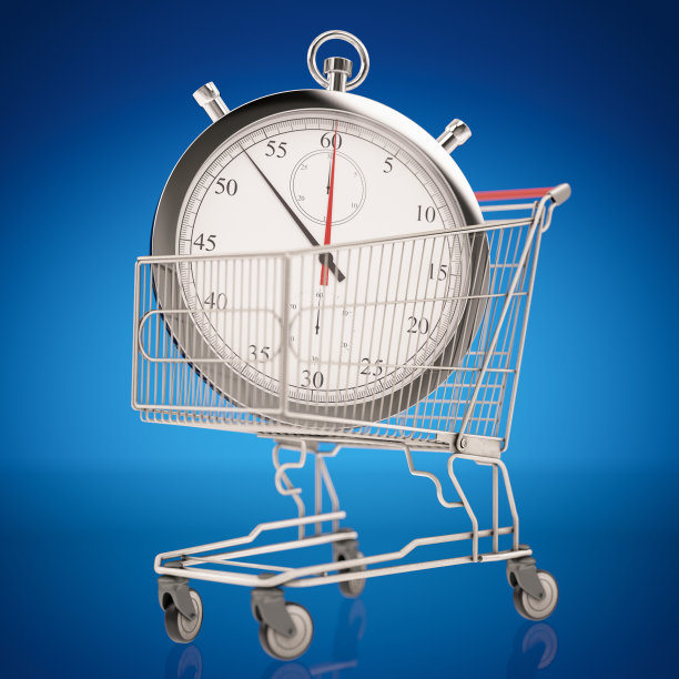 购物时间概念与市场推车和天文钟图片下载
