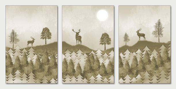 3d现代帆布艺术壁画壁纸与金色的树和光的背景。金鹿，圣诞树，棕色的山，月亮。图片下载