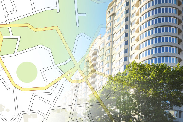 地籍图和建筑物的双重曝光图片下载