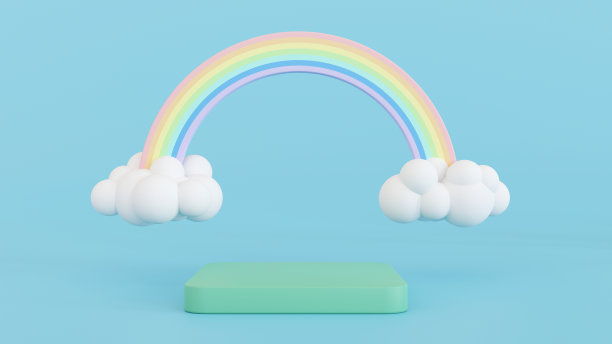 粉彩讲台造型底座舞台用彩虹云进行产品展示，3D渲染。图片下载
