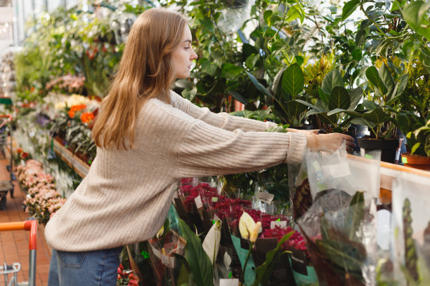 一名妇女在花园中心推着购物车为家庭庭院购买盆栽植物图片下载