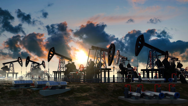 油泵，石油工业设备，钻井井架从油田剪影日落。能源供应危机。三维渲染图片下载