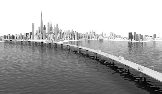 美丽的现代城市全景，摩天大楼和湖上的长桥。3 d渲染图图片下载