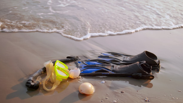 带着面罩、浮潜和脚蹼在海滩上冲浪图片下载