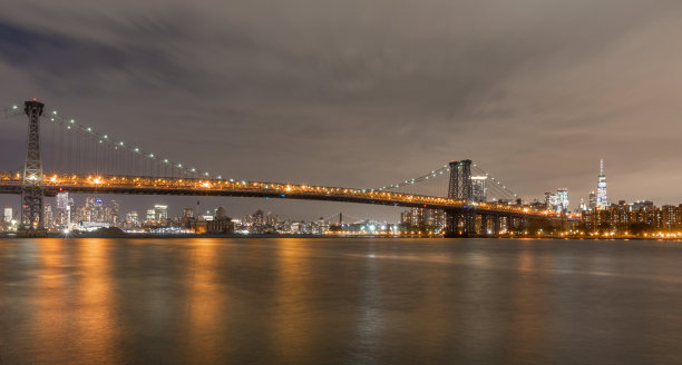布鲁克林，曼哈顿和威廉斯堡大桥的夜景。长曝光照片拍摄。图片下载