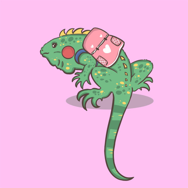 绿色的卡通学生动物鬣蜥带着书包，回到学校图片下载