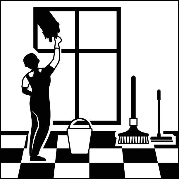 男工人家政清洁玻璃概念，Guy做家务矢量图标设计，工业清洁服务符号，办公室和街道管理员标识，维护设备和设备库存图片下载