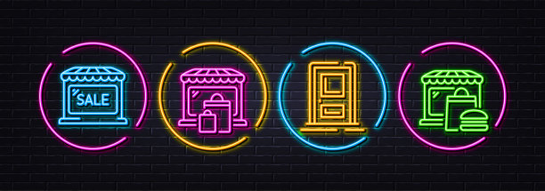 入口，市场销售和市场最小线条图标。对于web应用程序，打印。氖激光3d灯。向量图片下载